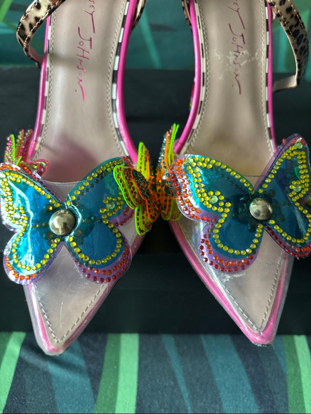 Betsey Johnson Leopard Print Strappy Heels with Rainbow Stripe Heel - Picture 11 of 15